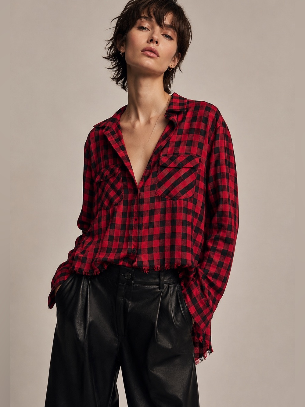 Cloth & Stone by Anthropologie Red Black Buffalo Plaid Frayed Hem Shirt S
